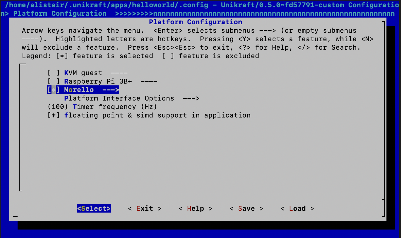 The new Morello option which can be enabled in the Unikraft platform configuration menu