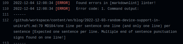 Full linter output. Error was caused by line 79 in file `content/en/blog/2022-12-03-random-device-support-in-unikraft.md`