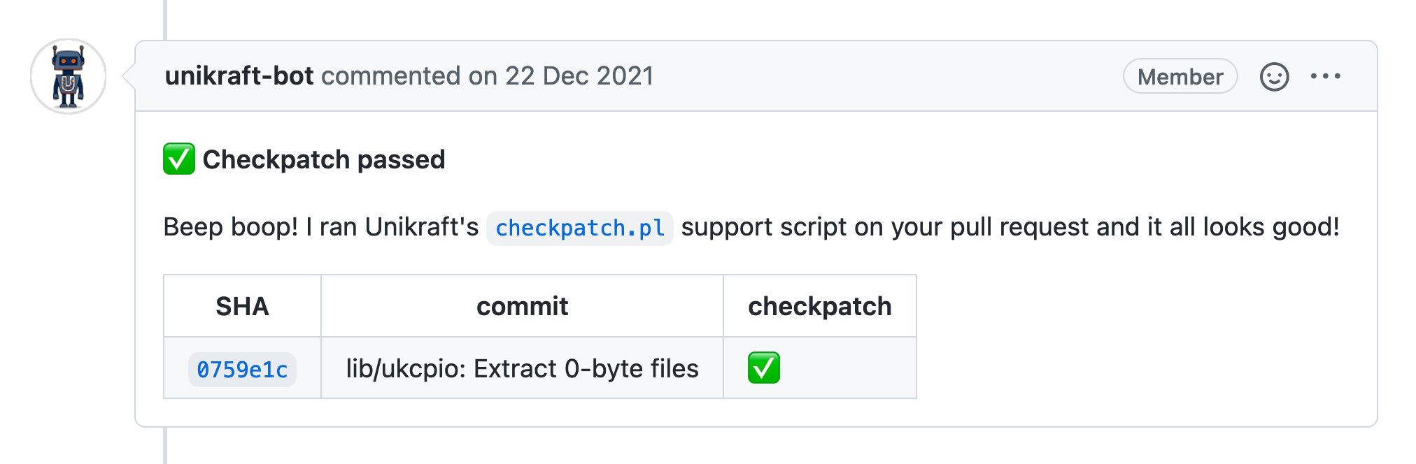 An screenshot of a summary from the automatic checkpatch performed on a new PR, this particular checkpatch looks good!